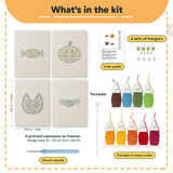 What is in the Candy Pumpkin Cat set, 8 × 12 in (20 × 30 cm) each: 4 printed canvases, punch needle, threader, threads, color guide and 4 sets of hangers
