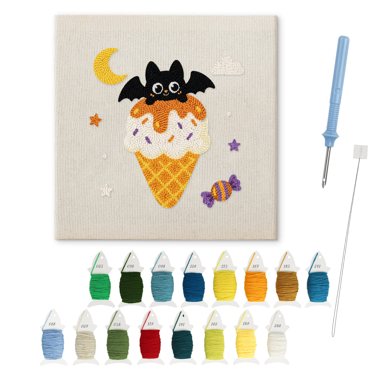 Caramel Cone Bat punch needle kit: finished canvas with threads, punch needle and threader