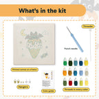 What is in the Caramel Cone Bat kit: printed canvas, punch needle, threader, threads, color guide and hangers