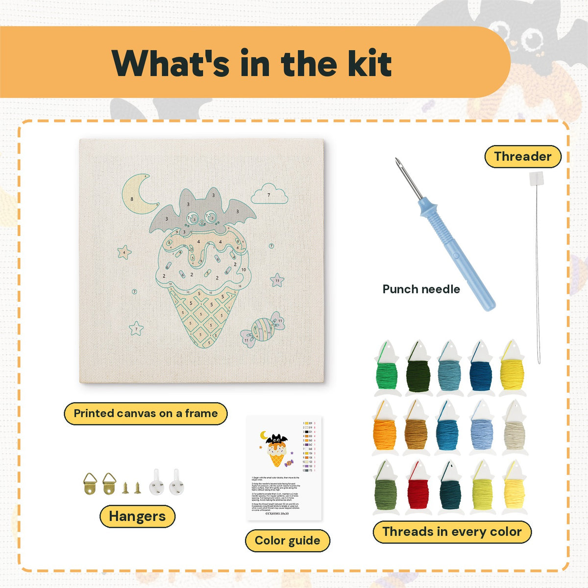 What is in the Caramel Cone Bat kit: printed canvas, punch needle, threader, threads, color guide and hangers