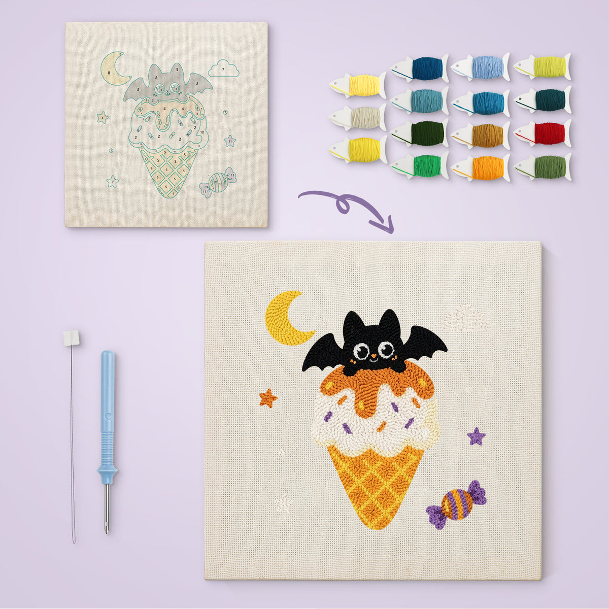 Caramel Cone Bat canvas before and after punching, with the threads and tools
