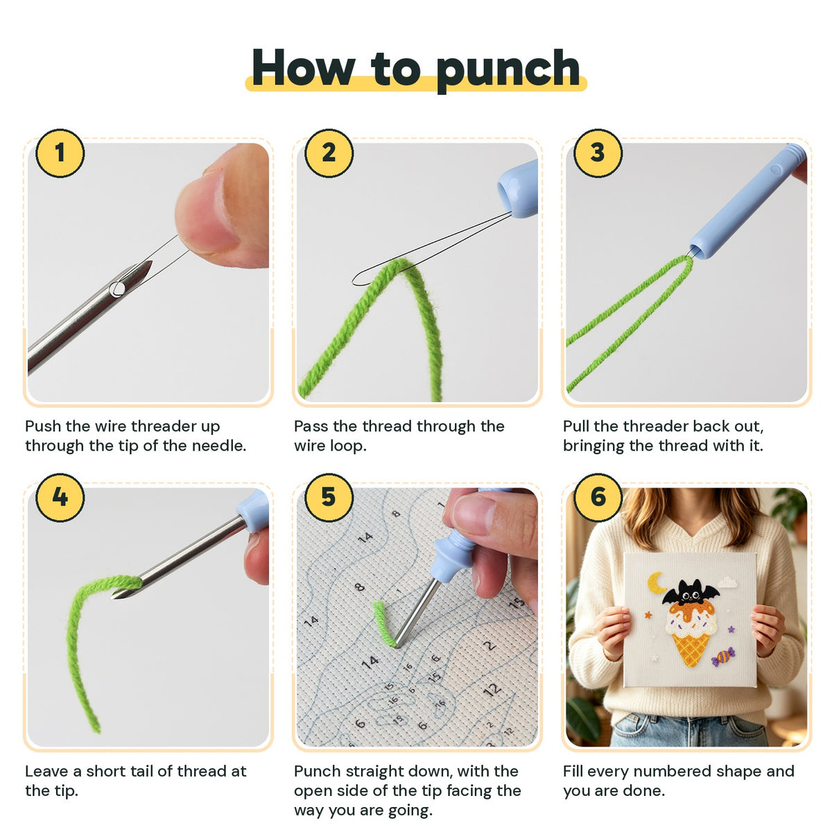 Six steps showing how to thread and use the punch needle