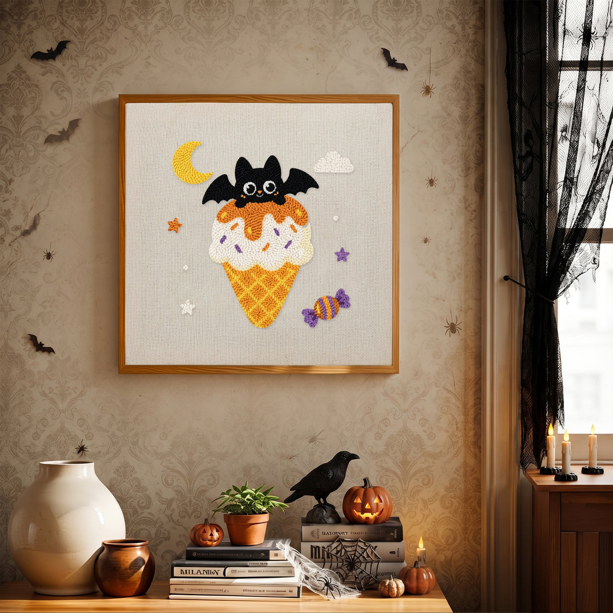 Finished Caramel Cone Bat punch needle canvas on a wall