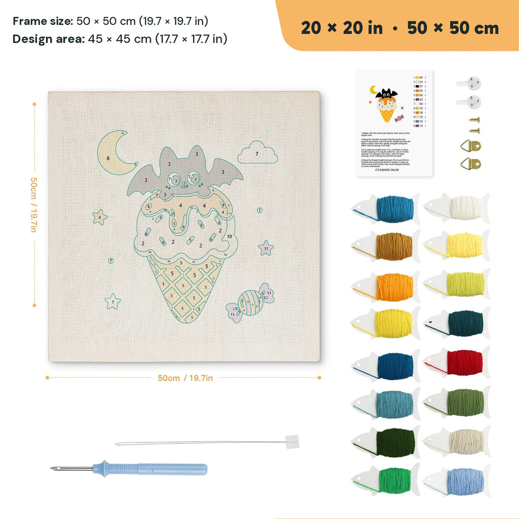 Caramel Cone Bat punch needle kit, 20 × 20 in (50 × 50 cm): canvas size and kit contents