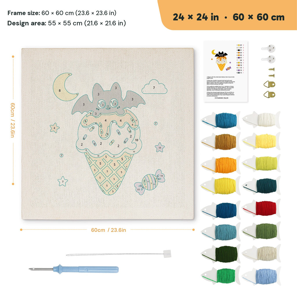 Caramel Cone Bat punch needle kit, 24 × 24 in (60 × 60 cm): canvas size and kit contents