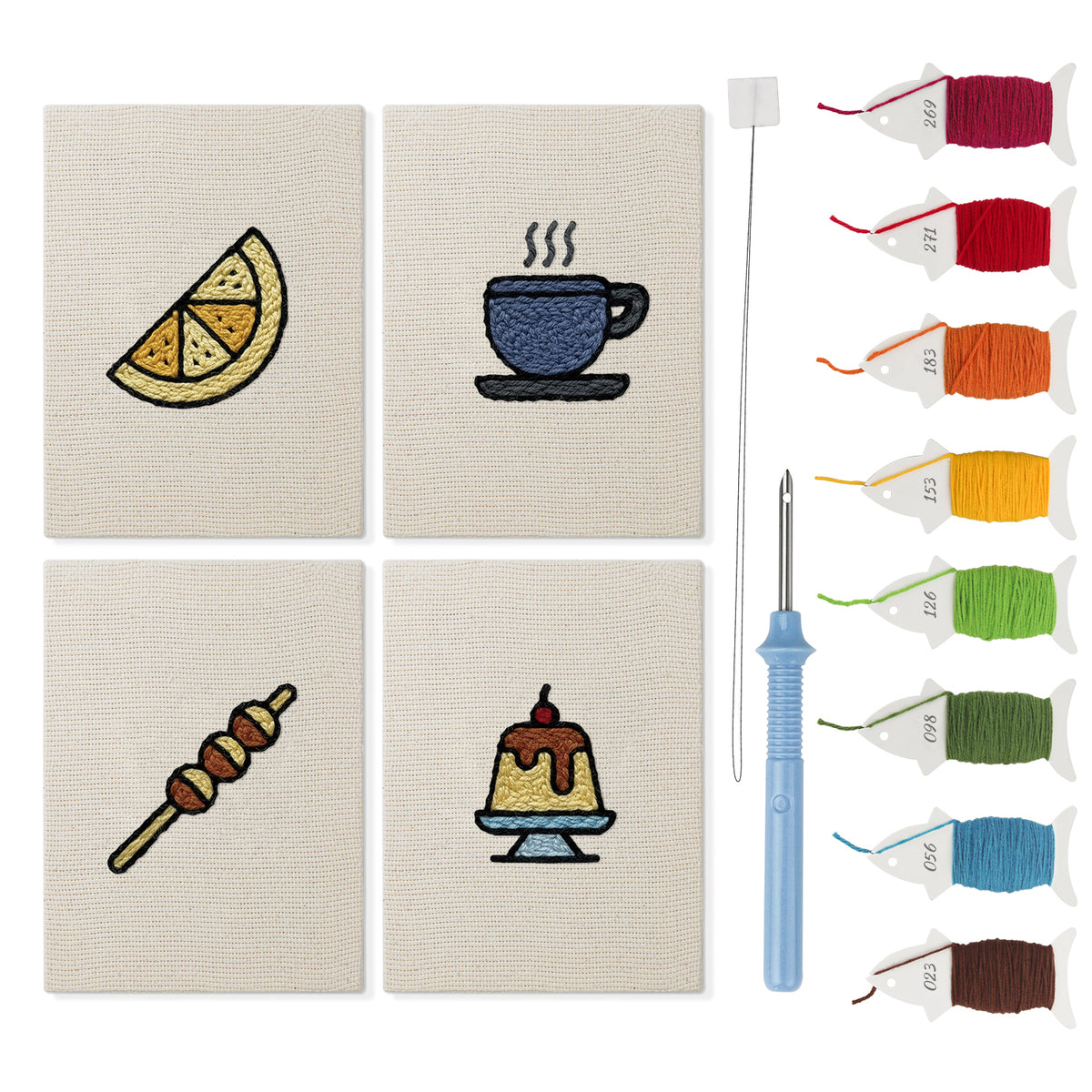 Caramel Pudding Cafe mini punch needle kit set: four finished canvases with threads, punch needle and threader