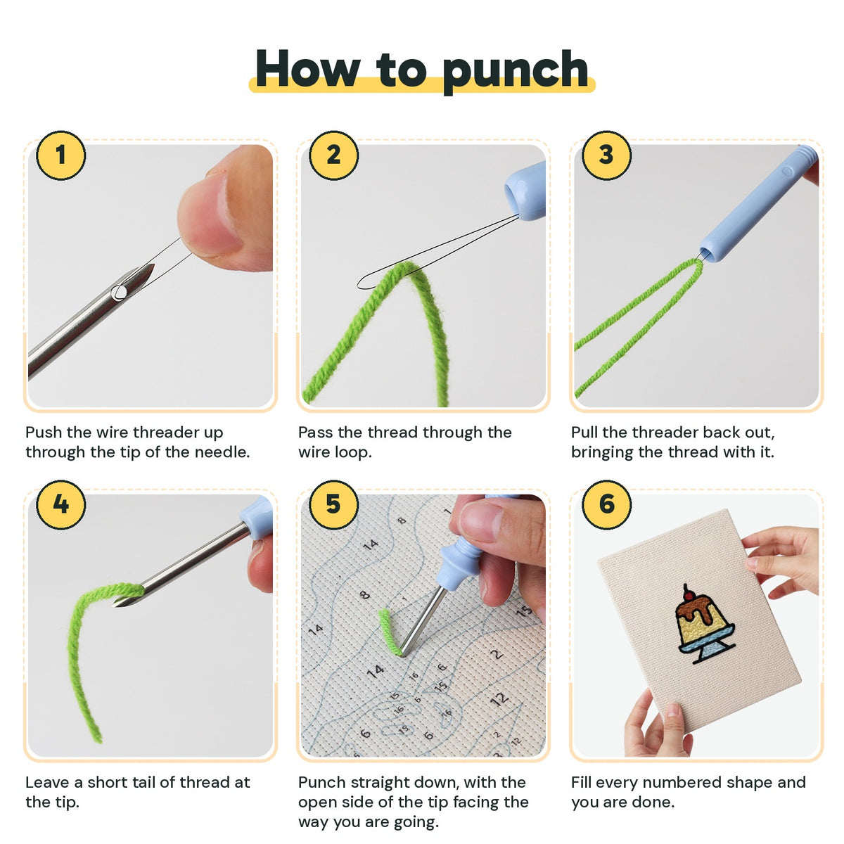 Six steps showing how to thread and use the punch needle