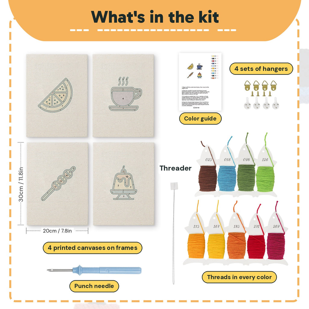 What is in the Caramel Pudding Cafe set, 8 × 12 in (20 × 30 cm) each: 4 printed canvases, punch needle, threader, threads, color guide and 4 sets of hangers