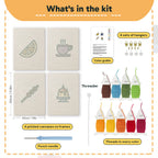 What is in the Caramel Pudding Cafe set, 8 × 12 in (20 × 30 cm) each: 4 printed canvases, punch needle, threader, threads, color guide and 4 sets of hangers