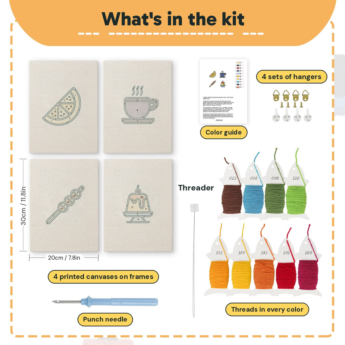 What is in the Caramel Pudding Cafe set, 8 × 12 in (20 × 30 cm) each: 4 printed canvases, punch needle, threader, threads, color guide and 4 sets of hangers
