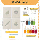 What is in the Caramel Pudding Cafe set, 8 × 12 in (20 × 30 cm) each: 4 printed canvases, punch needle, threader, threads, color guide and 4 sets of hangers