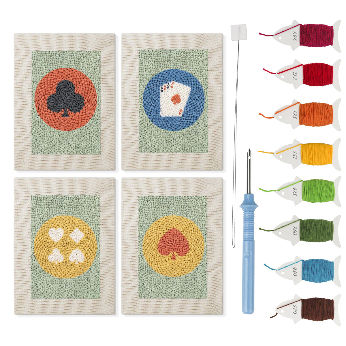 Card Suit Circles mini punch needle kit set: four finished canvases with threads, punch needle and threader