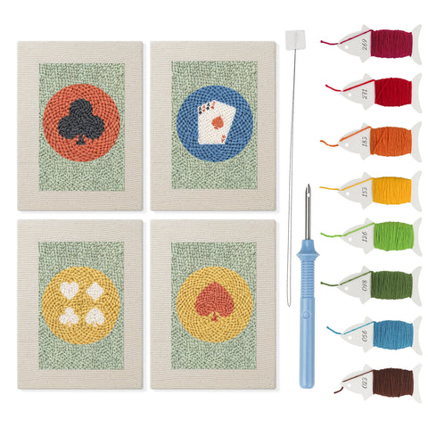 Card Suit Circles mini punch needle kit set: four finished canvases with threads, punch needle and threader
