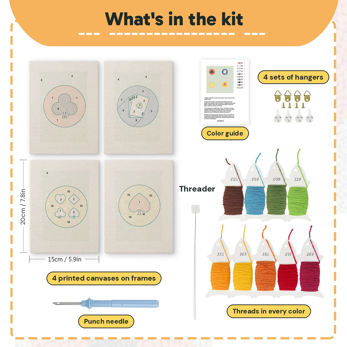 What is in the Card Suit Circles set: 4 printed canvases, punch needle, threader, threads, color guide and 4 sets of hangers (6 × 8 in (15 × 20 cm) each)