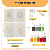 What is in the Card Suit Circles set: 4 printed canvases, punch needle, threader, threads, color guide and 4 sets of hangers (6 × 8 in (15 × 20 cm) each)