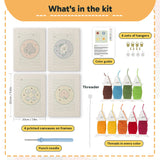 What is in the Card Suit Circles set, 8 × 12 in (20 × 30 cm) each: 4 printed canvases, punch needle, threader, threads, color guide and 4 sets of hangers
