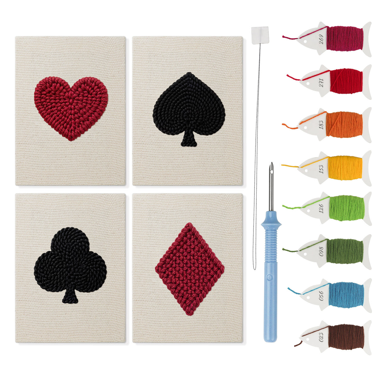Card Suits mini punch needle kit set: four finished canvases with threads, punch needle and threader