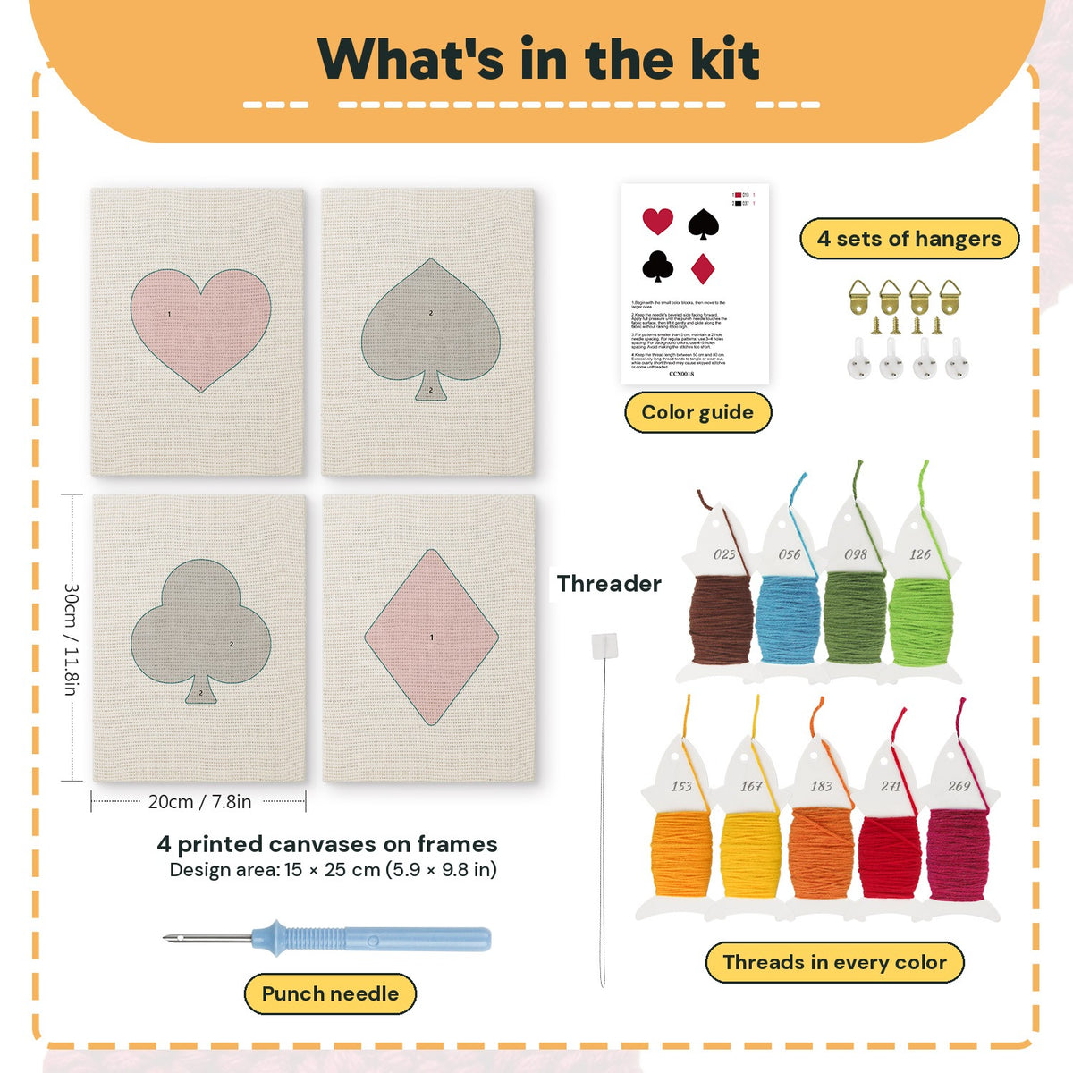 What is in the Card Suits set, 8 × 12 in (20 × 30 cm) each: 4 printed canvases, punch needle, threader, threads, color guide and 4 sets of hangers