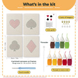 What is in the Card Suits set, 8 × 12 in (20 × 30 cm) each: 4 printed canvases, punch needle, threader, threads, color guide and 4 sets of hangers