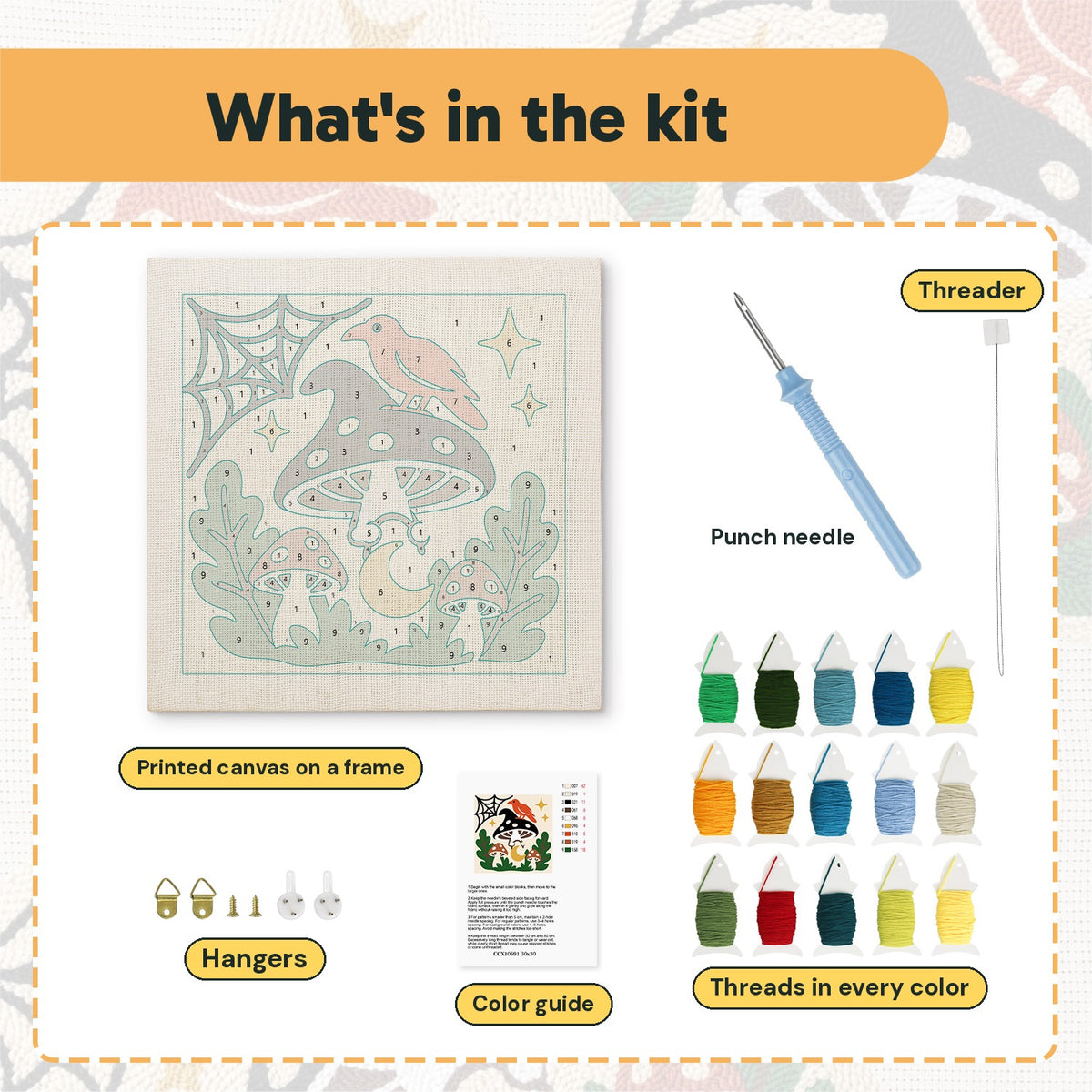 What is in the Cardinal on a Toadstool kit: printed canvas, punch needle, threader, threads, color guide and hangers