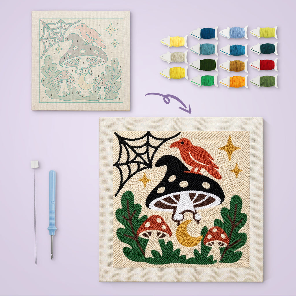 Cardinal on a Toadstool canvas before and after punching, with the threads and tools
