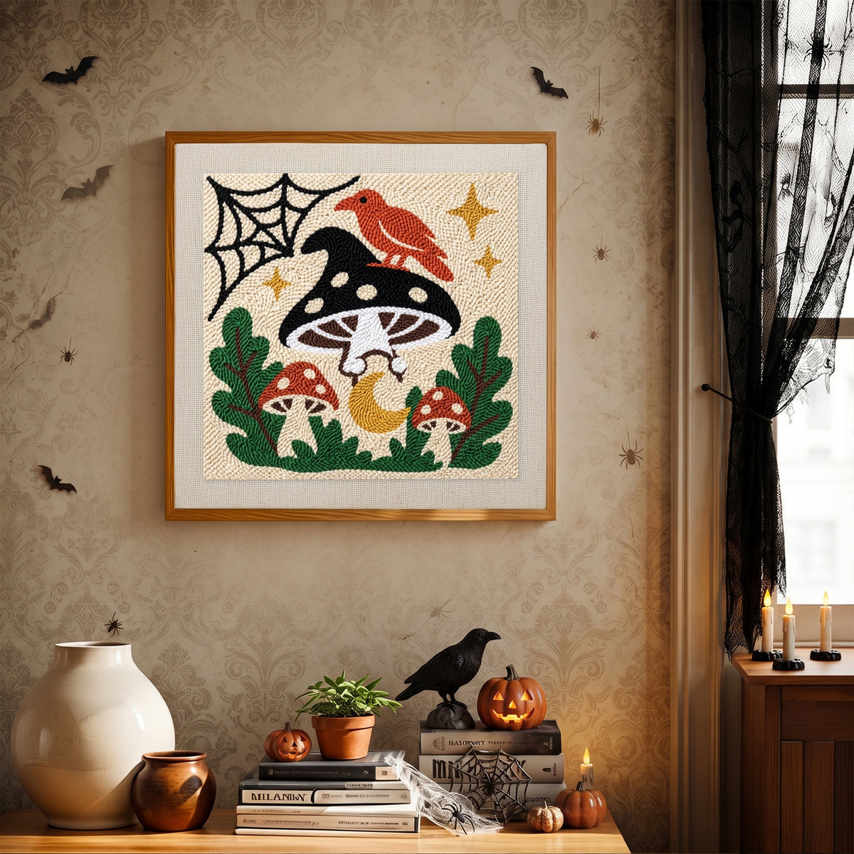 Finished Cardinal on a Toadstool punch needle canvas on a wall