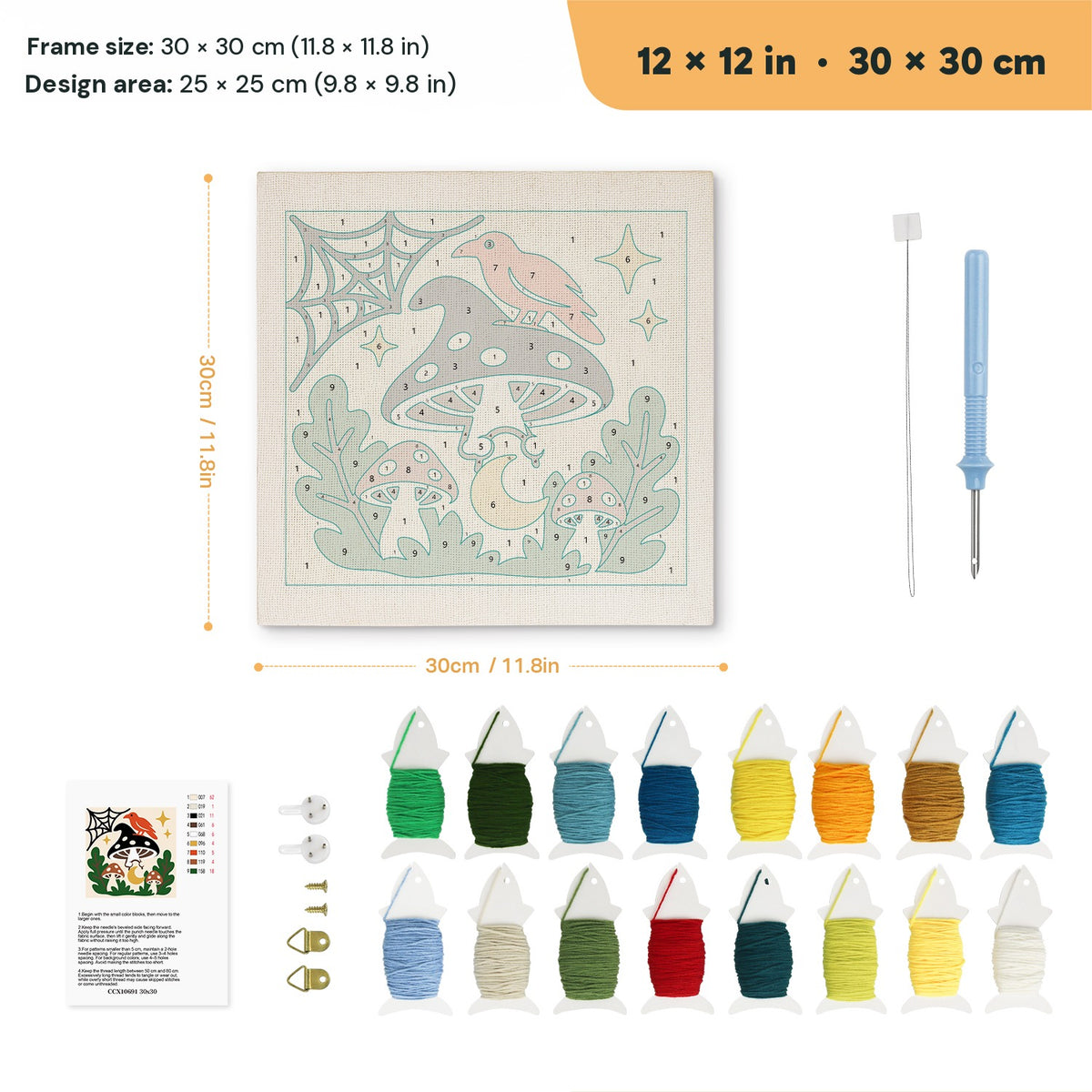 Cardinal on a Toadstool punch needle kit, 12 × 12 in (30 × 30 cm): canvas size and kit contents