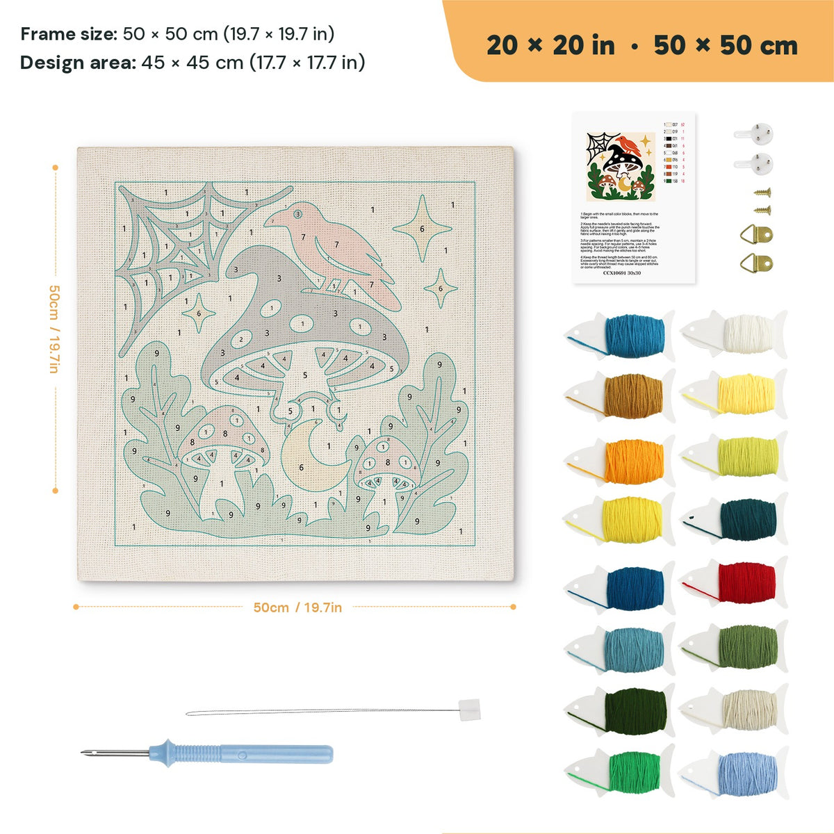 Cardinal on a Toadstool punch needle kit, 20 × 20 in (50 × 50 cm): canvas size and kit contents