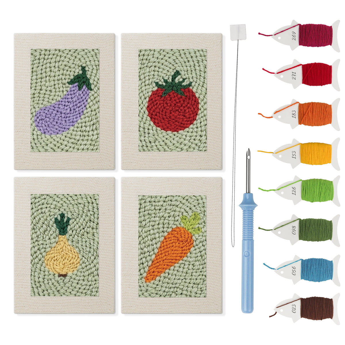 Carrot and Eggplant mini punch needle kit set: four finished canvases with threads, punch needle and threader