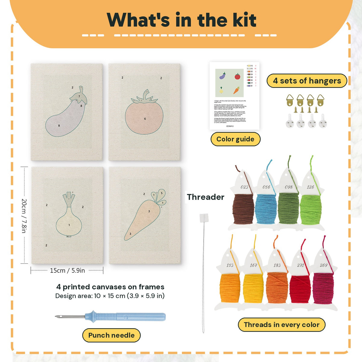 What is in the Carrot and Eggplant set: 4 printed canvases, punch needle, threader, threads, color guide and 4 sets of hangers (6 × 8 in (15 × 20 cm) each)