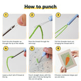 Six steps showing how to thread and use the punch needle