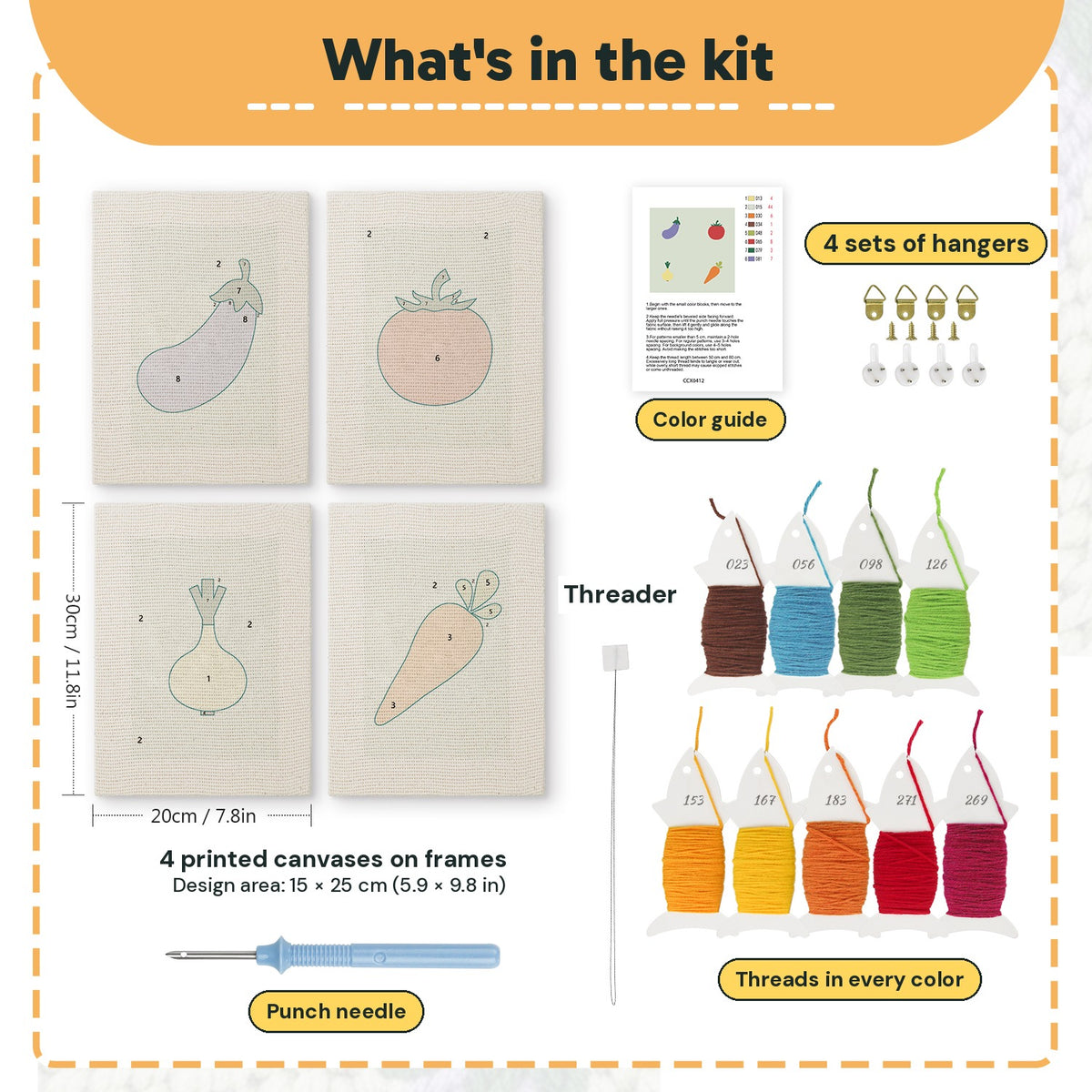 What is in the Carrot and Eggplant set, 8 × 12 in (20 × 30 cm) each: 4 printed canvases, punch needle, threader, threads, color guide and 4 sets of hangers