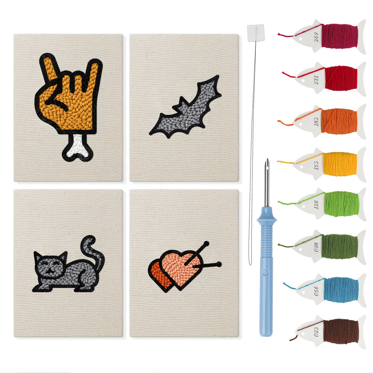 Cat and Bat mini punch needle kit set: four finished canvases with threads, punch needle and threader