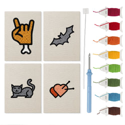 Cat and Bat mini punch needle kit set: four finished canvases with threads, punch needle and threader