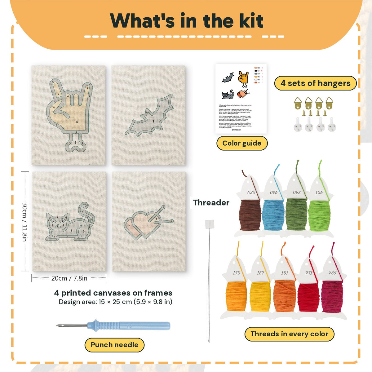 What is in the Cat and Bat set, 8 × 12 in (20 × 30 cm) each: 4 printed canvases, punch needle, threader, threads, color guide and 4 sets of hangers