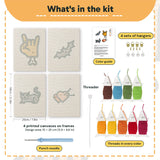 What is in the Cat and Bat set, 8 × 12 in (20 × 30 cm) each: 4 printed canvases, punch needle, threader, threads, color guide and 4 sets of hangers