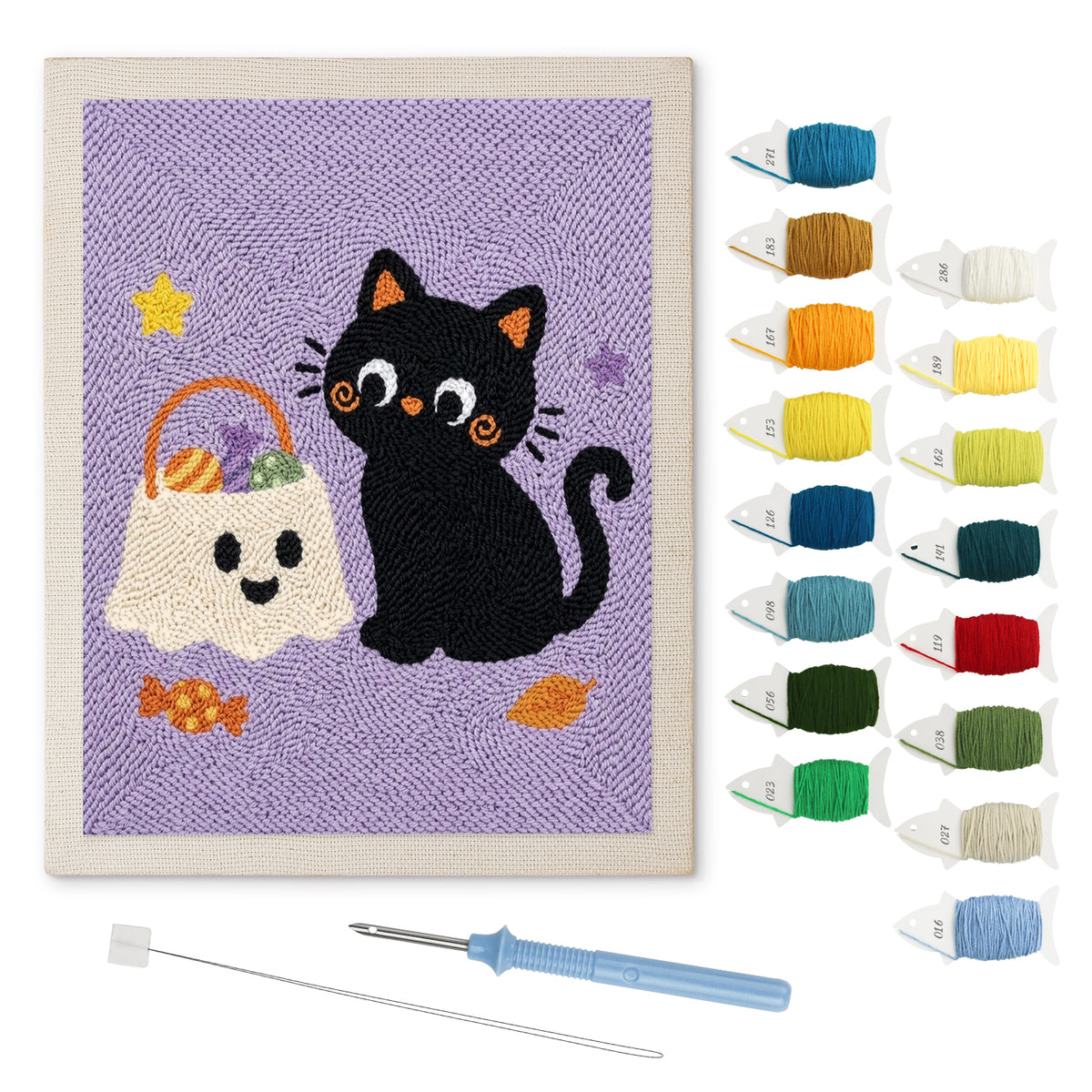 Cat and Ghost Candy Bag punch needle kit: finished canvas with threads, punch needle and threader