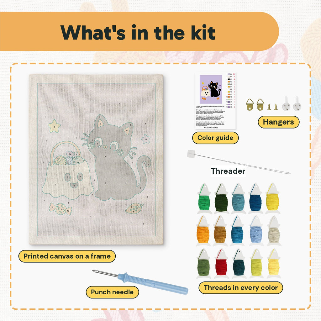 What is in the Cat and Ghost Candy Bag kit: printed canvas, punch needle, threader, threads, color guide and hangers