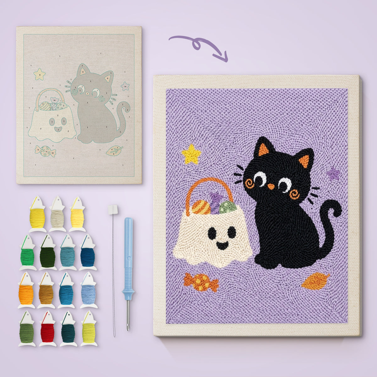 Cat and Ghost Candy Bag canvas before and after punching, with the threads and tools