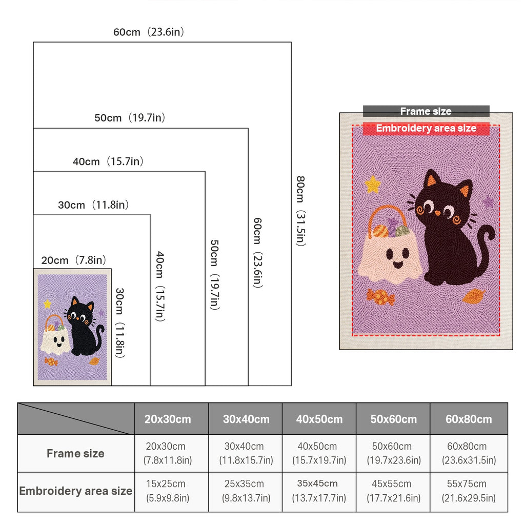 Size chart for punch needle kits from 20 x 30 cm to 60 x 80 cm