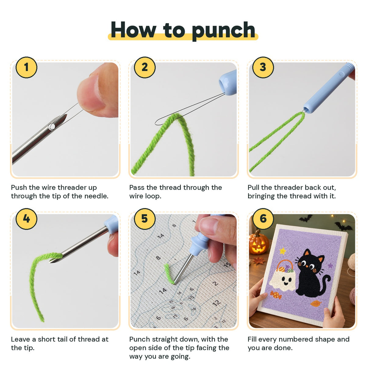 Six steps showing how to thread and use the punch needle