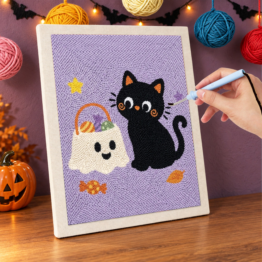 Punching the Cat and Ghost Candy Bag design with the punch needle