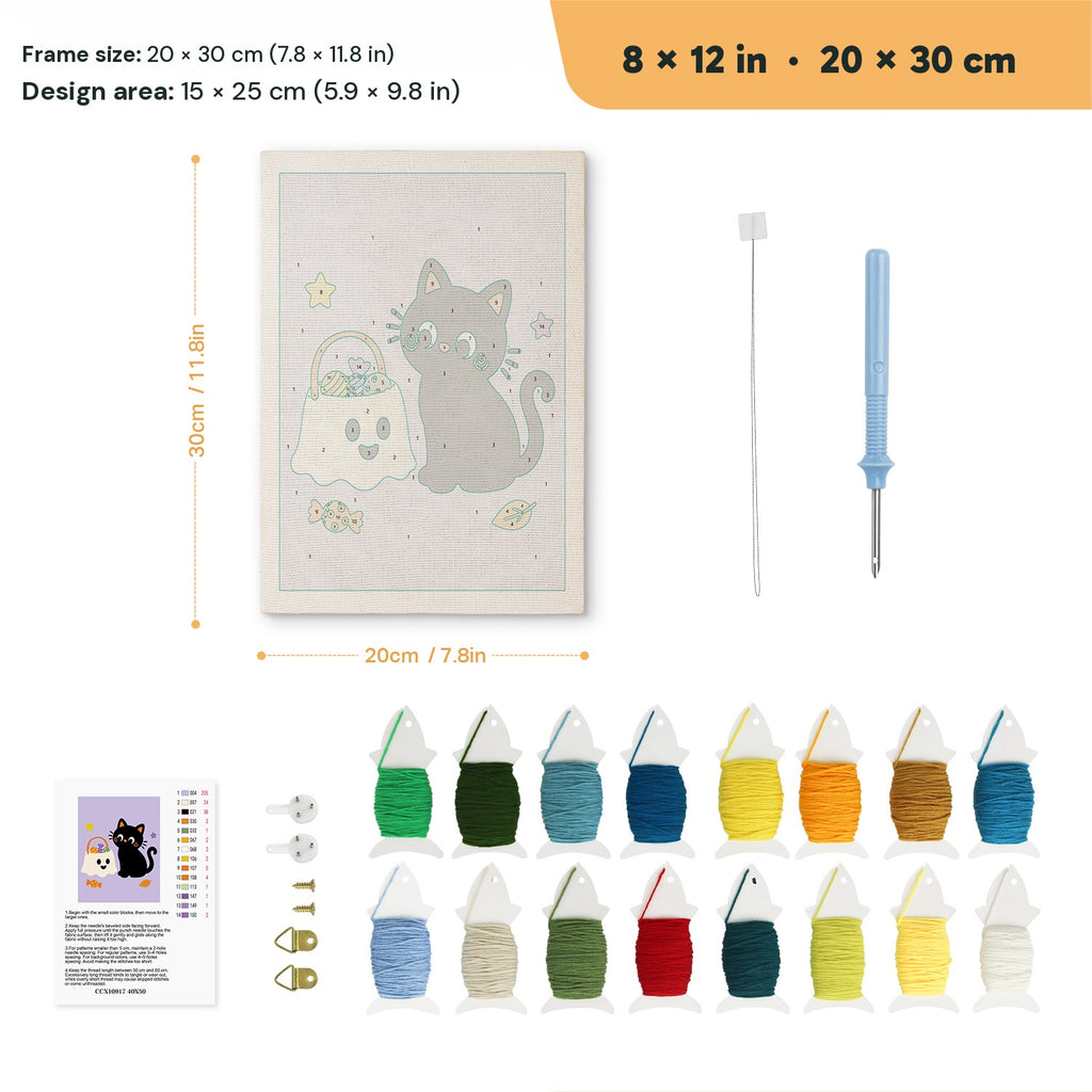 Cat and Ghost Candy Bag punch needle kit, 8 × 12 in (20 × 30 cm): canvas size and kit contents