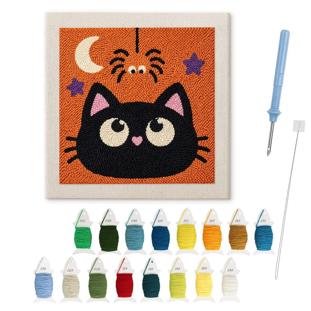 Cat and Spider punch needle kit: finished canvas with threads, punch needle and threader