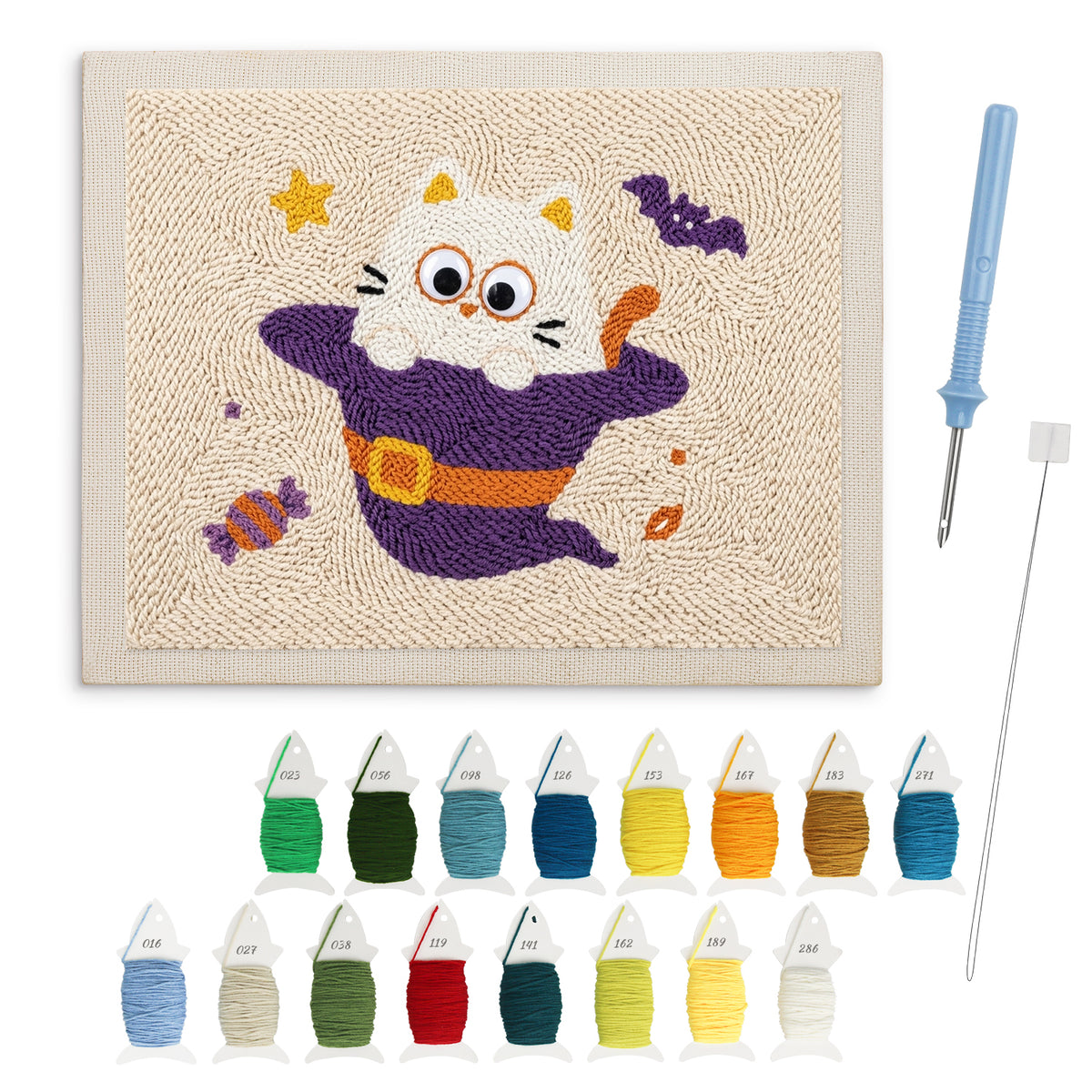 Cat Ghost in a Witch Hat punch needle kit: finished canvas with threads, punch needle and threader