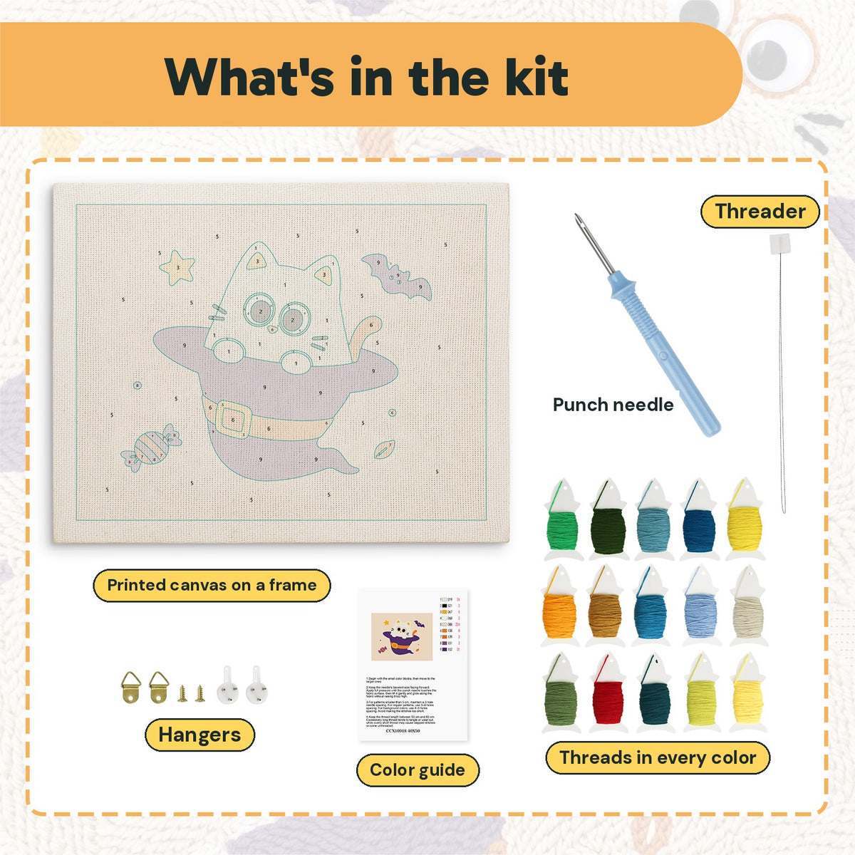 What is in the Cat Ghost in a Witch Hat kit: printed canvas, punch needle, threader, threads, color guide and hangers