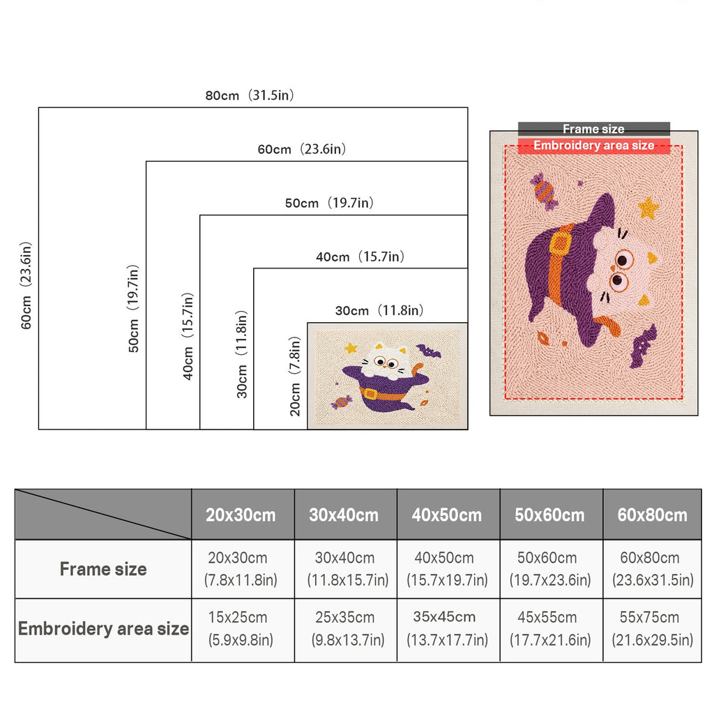 Size chart for punch needle kits from 20 x 30 cm to 60 x 80 cm
