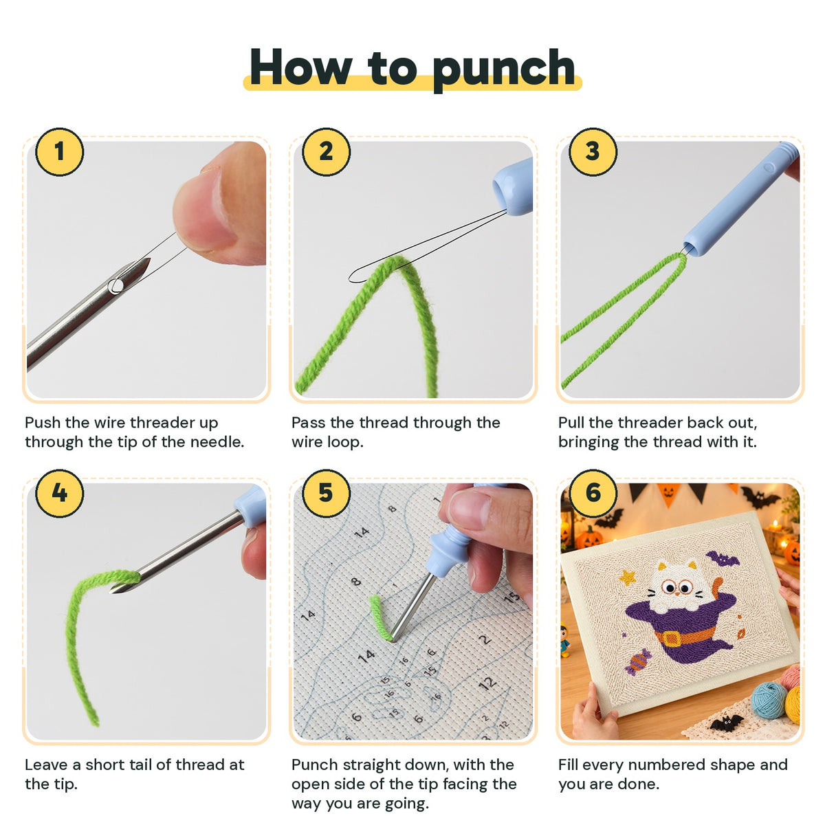 Six steps showing how to thread and use the punch needle