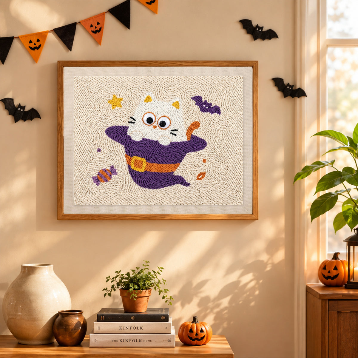 Finished Cat Ghost in a Witch Hat punch needle canvas on a wall