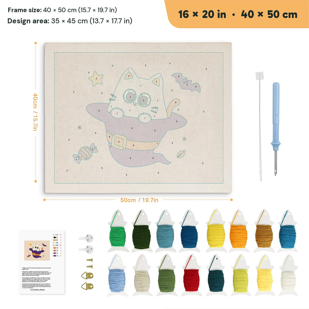 Cat Ghost in a Witch Hat punch needle kit, 16 × 20 in (40 × 50 cm): canvas size and kit contents